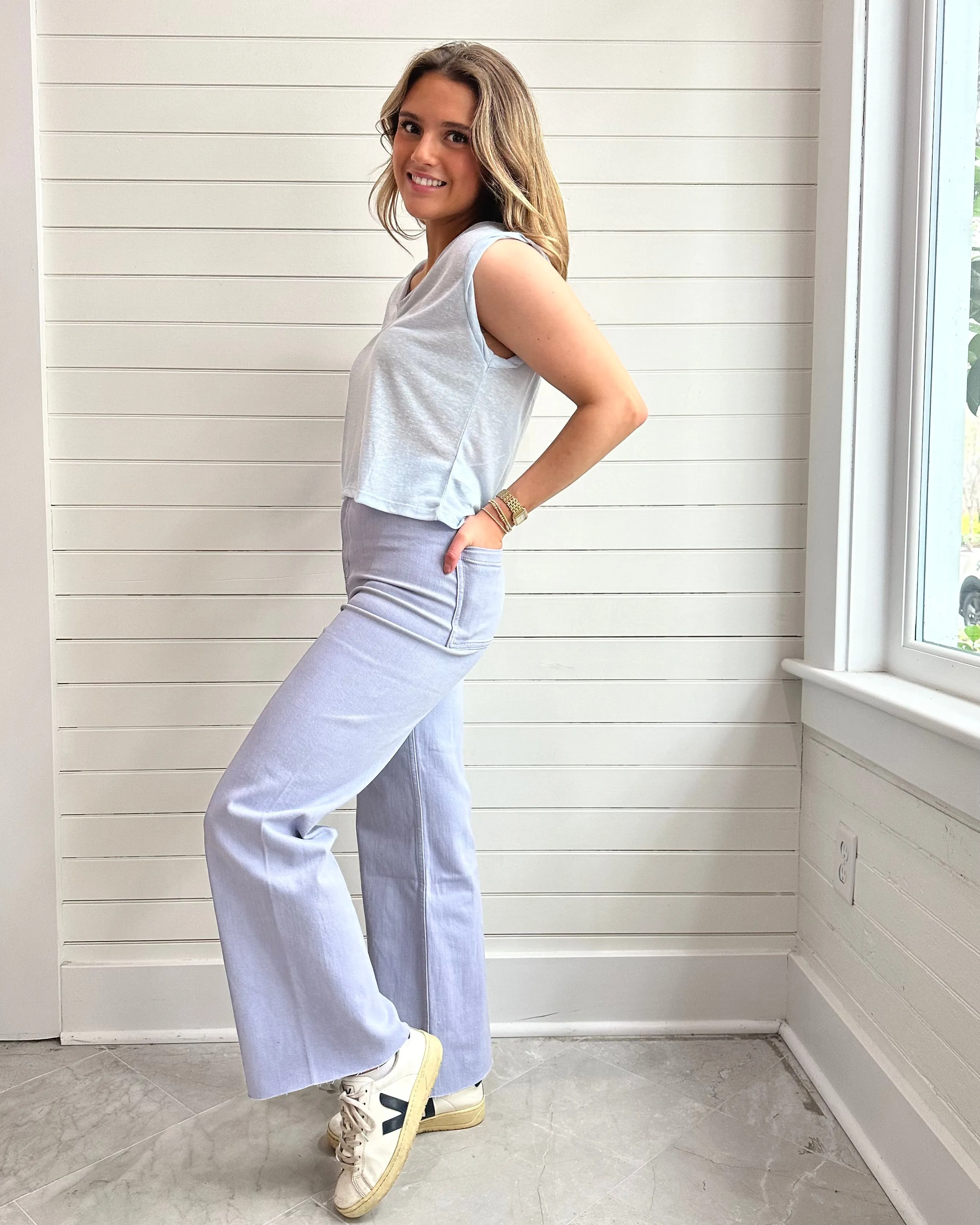 Straight Wide Leg Denim Pants-PERIWINKLE