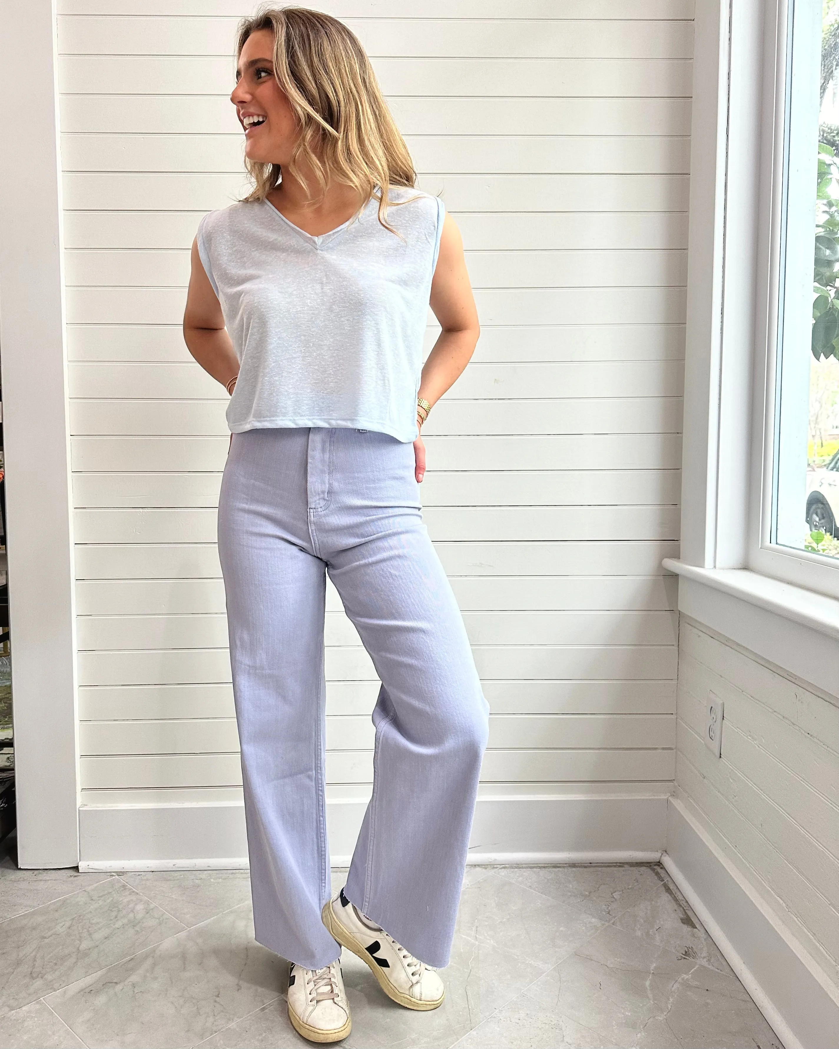 Straight Wide Leg Denim Pants-PERIWINKLE