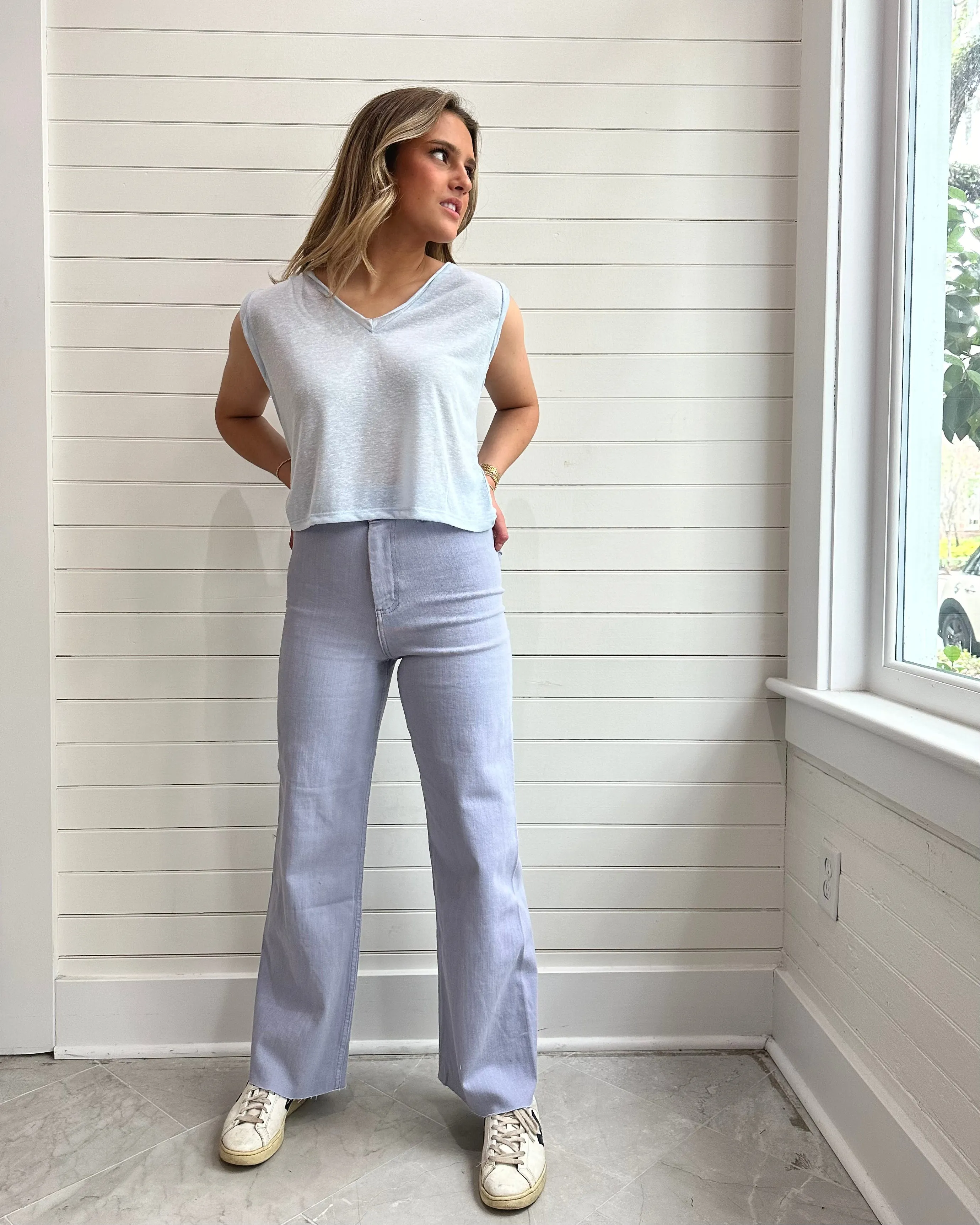 Straight Wide Leg Denim Pants-PERIWINKLE