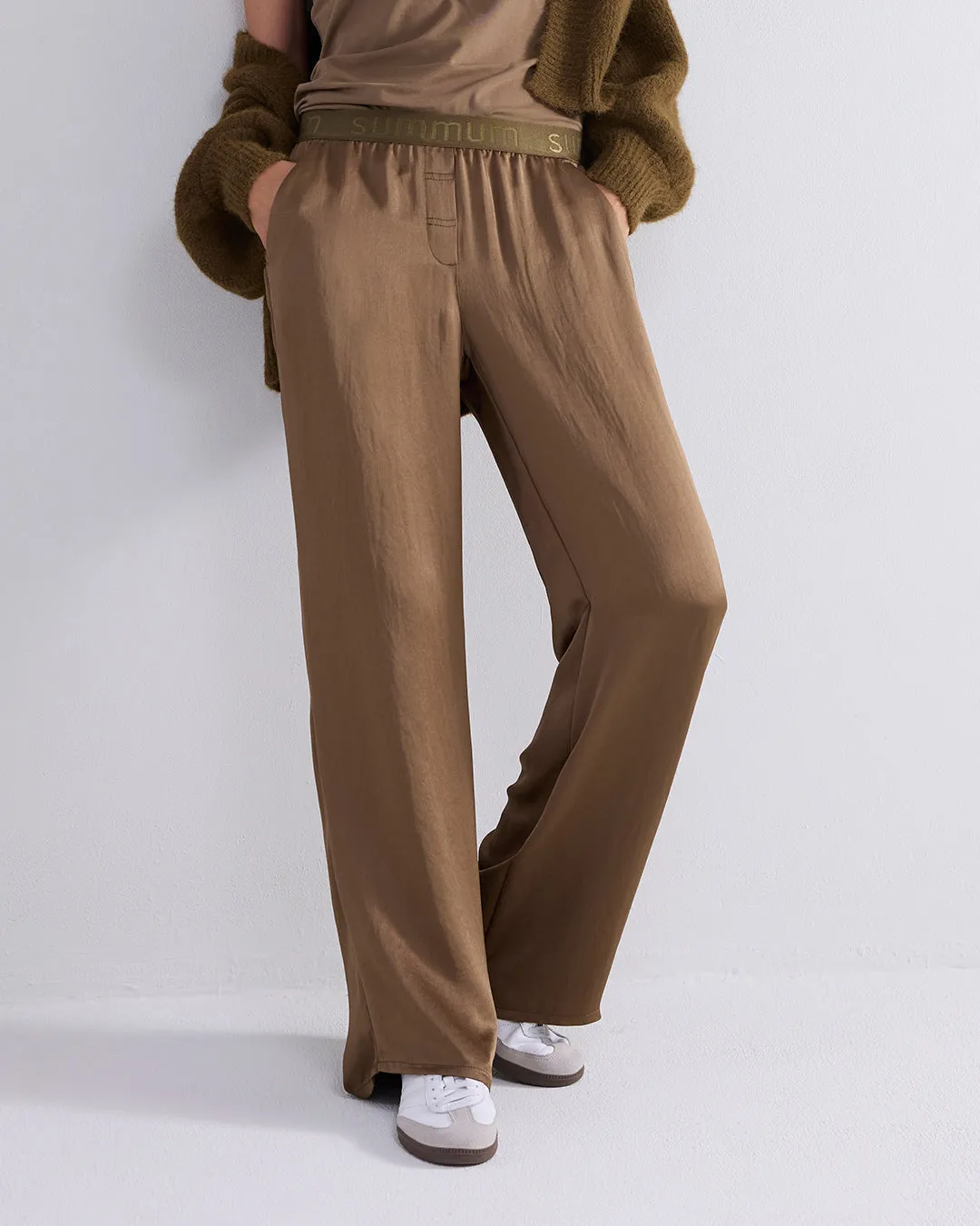 Summum Olive Wide Leg Flowy Trousers