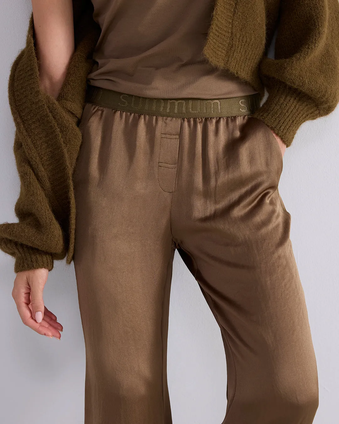 Summum Olive Wide Leg Flowy Trousers