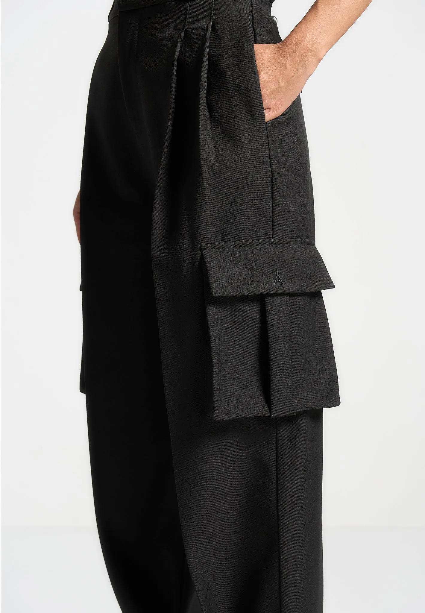 Tailored Pleated Cargo Trousers - Black