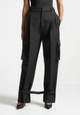 Tailored Pleated Cargo Trousers - Black