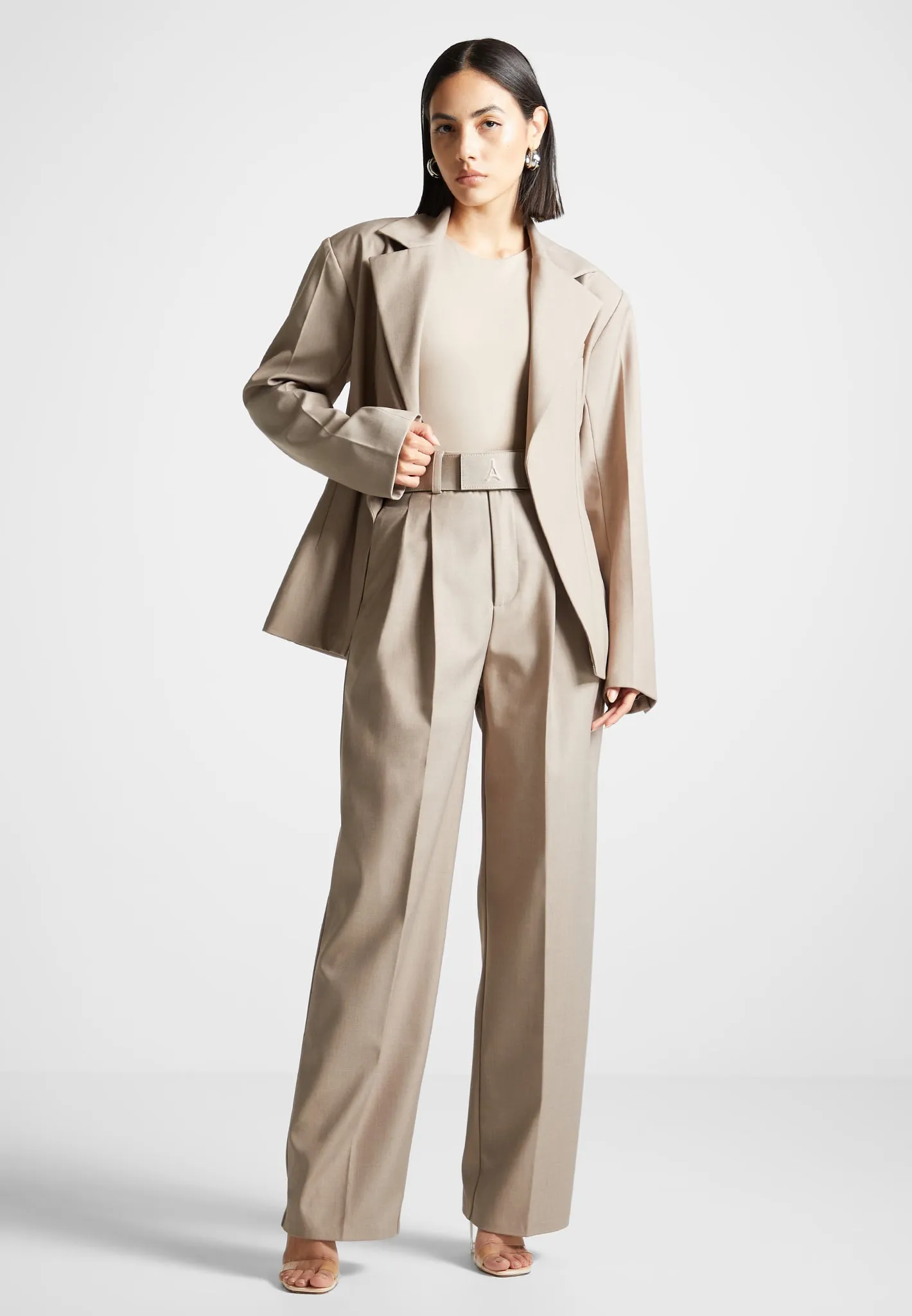 Tailored Pleated Trousers with Eiffel Belt - Taupe