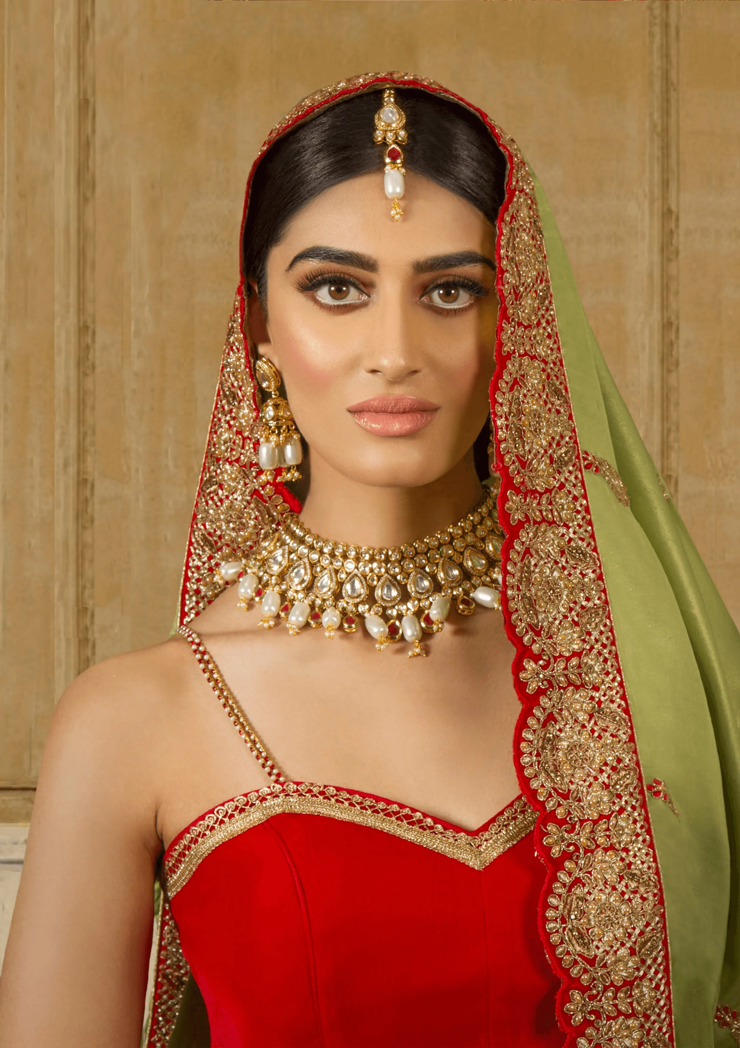 'Tamanna', Pearl White & Red with Kundan Bridal Jewellery Half Set by Oorvi Desai