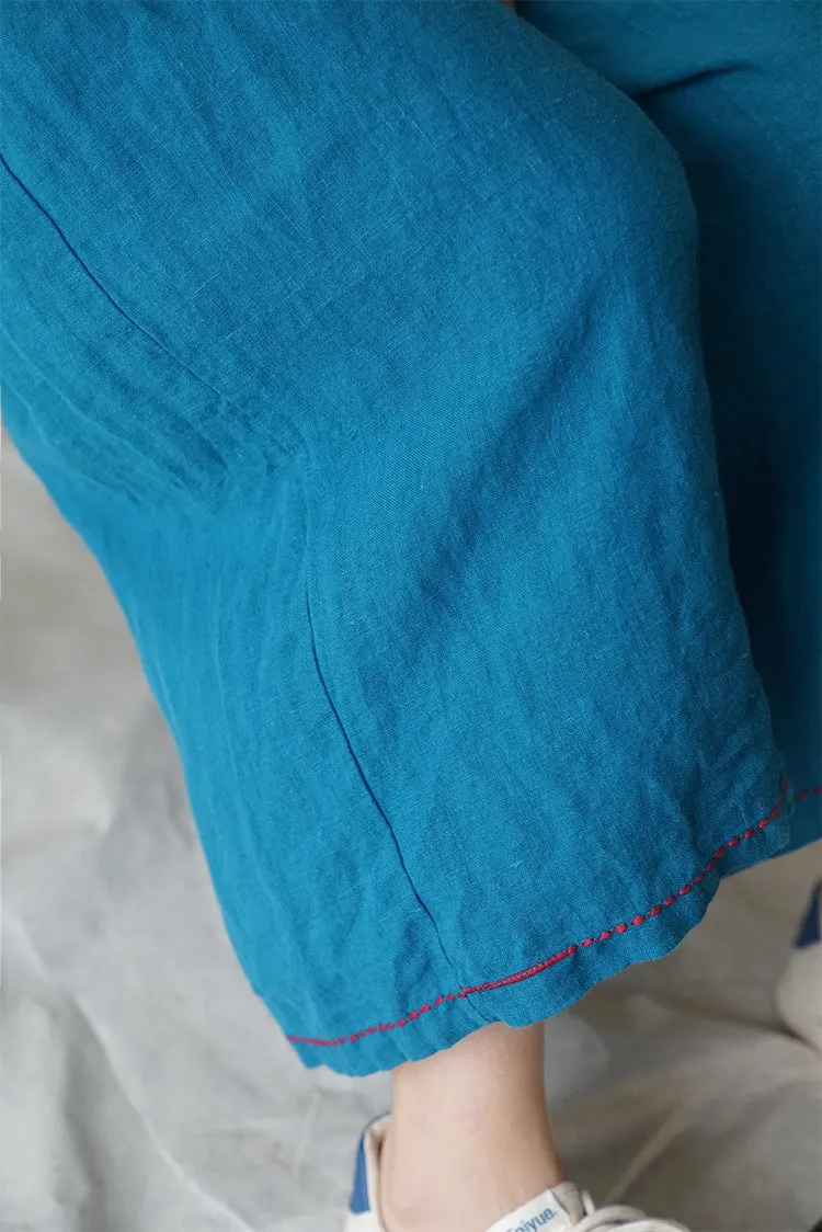 Turquoise Linen Wide Leg Pants