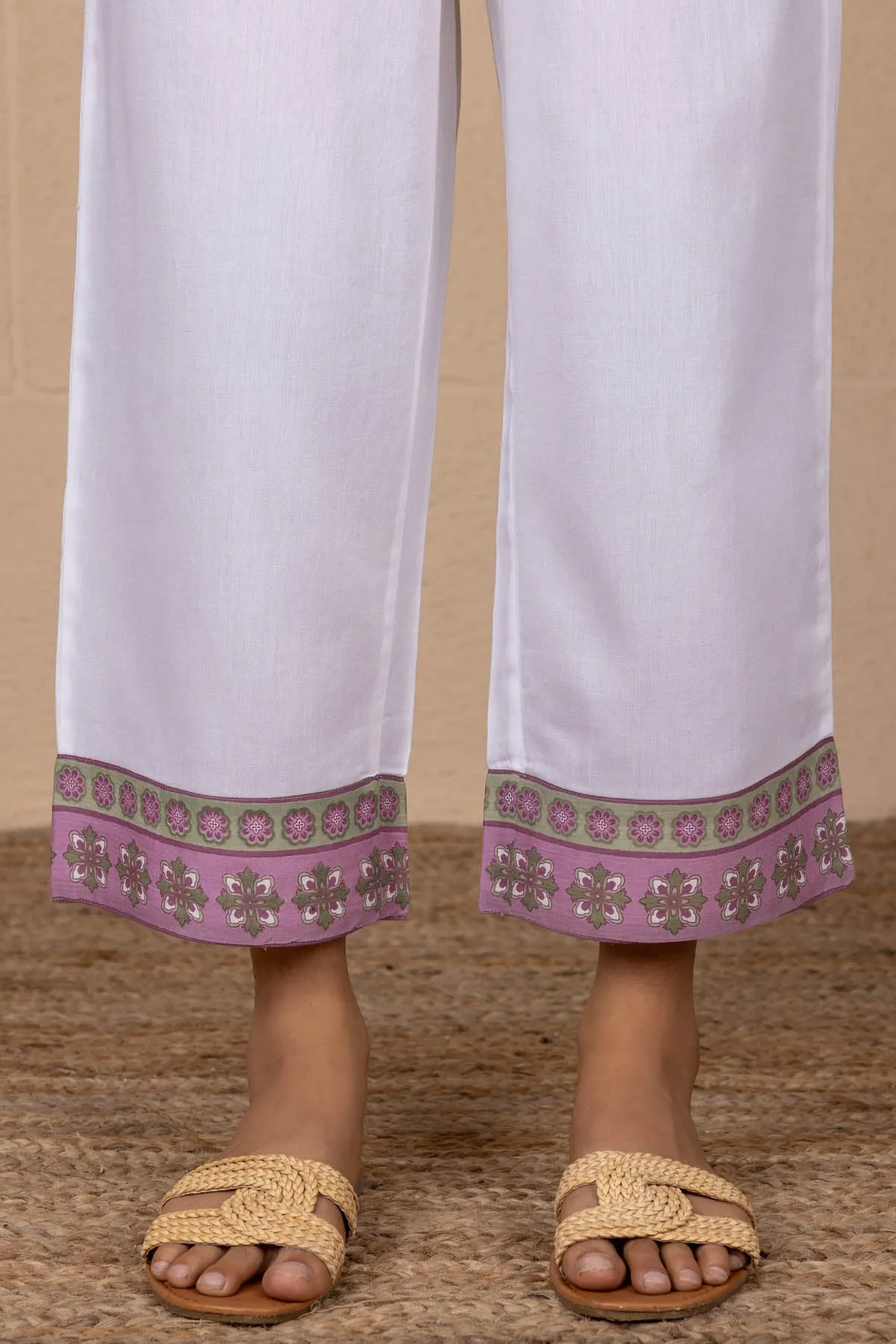 White And Dusty Rose Border Trousers