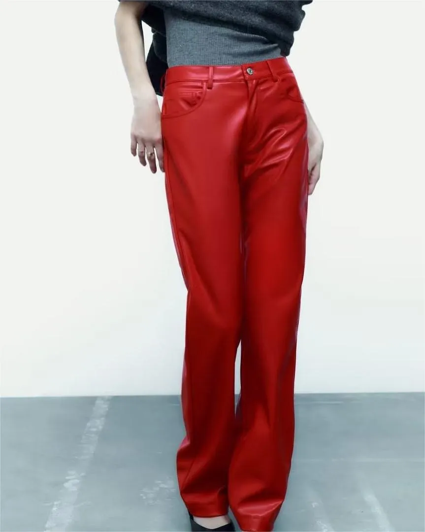 Winter Zaura Women Faux Leather Pants Street Straight Pants Slim Trousers