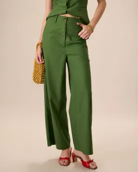 Women's Green High-Waisted Cotton Linen Wide-Leg Pants