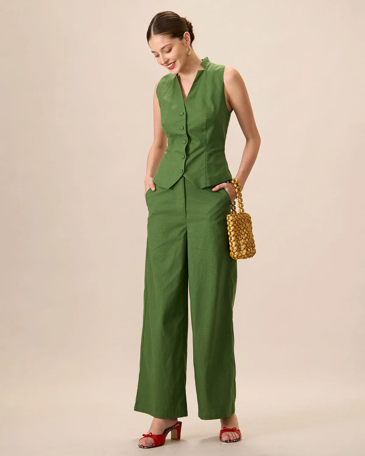 Women's Green High-Waisted Cotton Linen Wide-Leg Pants