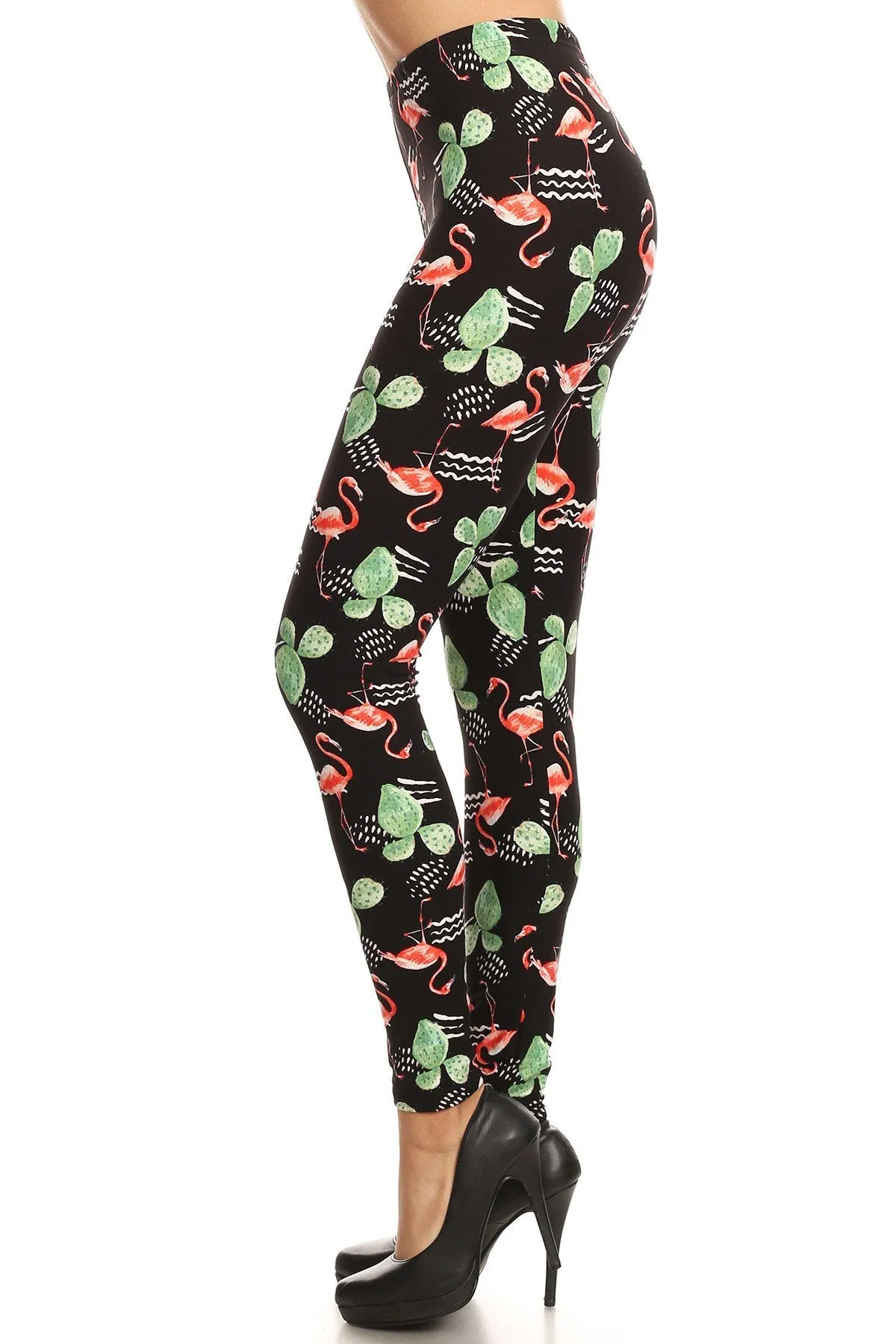 Women's Plus Flamingo Cactus Pattern Printed Leggings