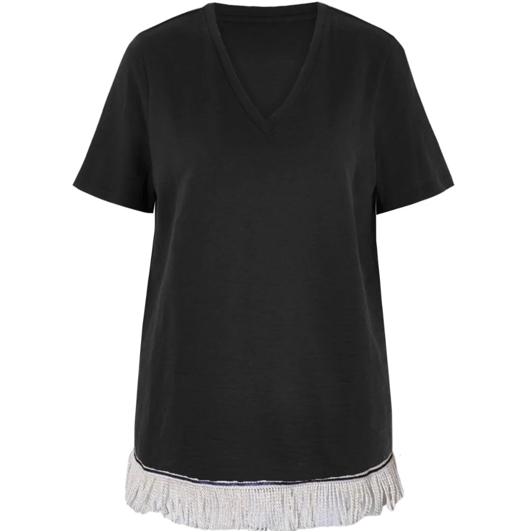 Women's V-Neck Straight Fit T-Shirt with Fringes