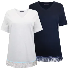 Women's V-Neck Straight Fit T-Shirt with Fringes